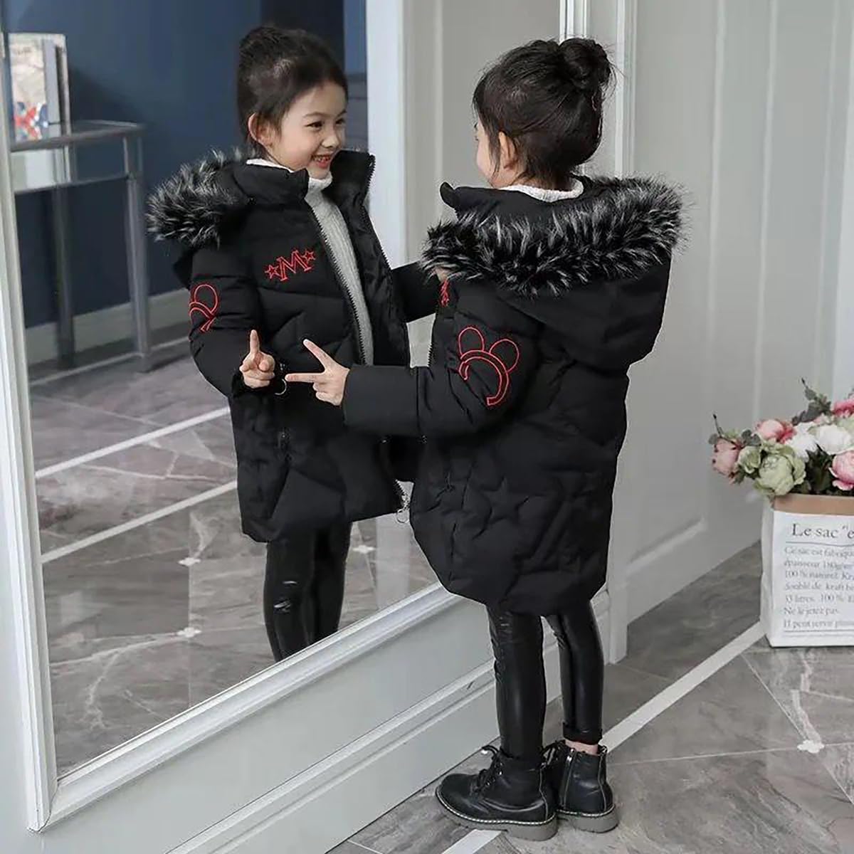 linboo Giacca invernale da ragazza con cappuccio in pelliccia rimovibile, caldo cappotto lungo per bambini, parka per attività all'aperto, con lettere e simpatici motivi