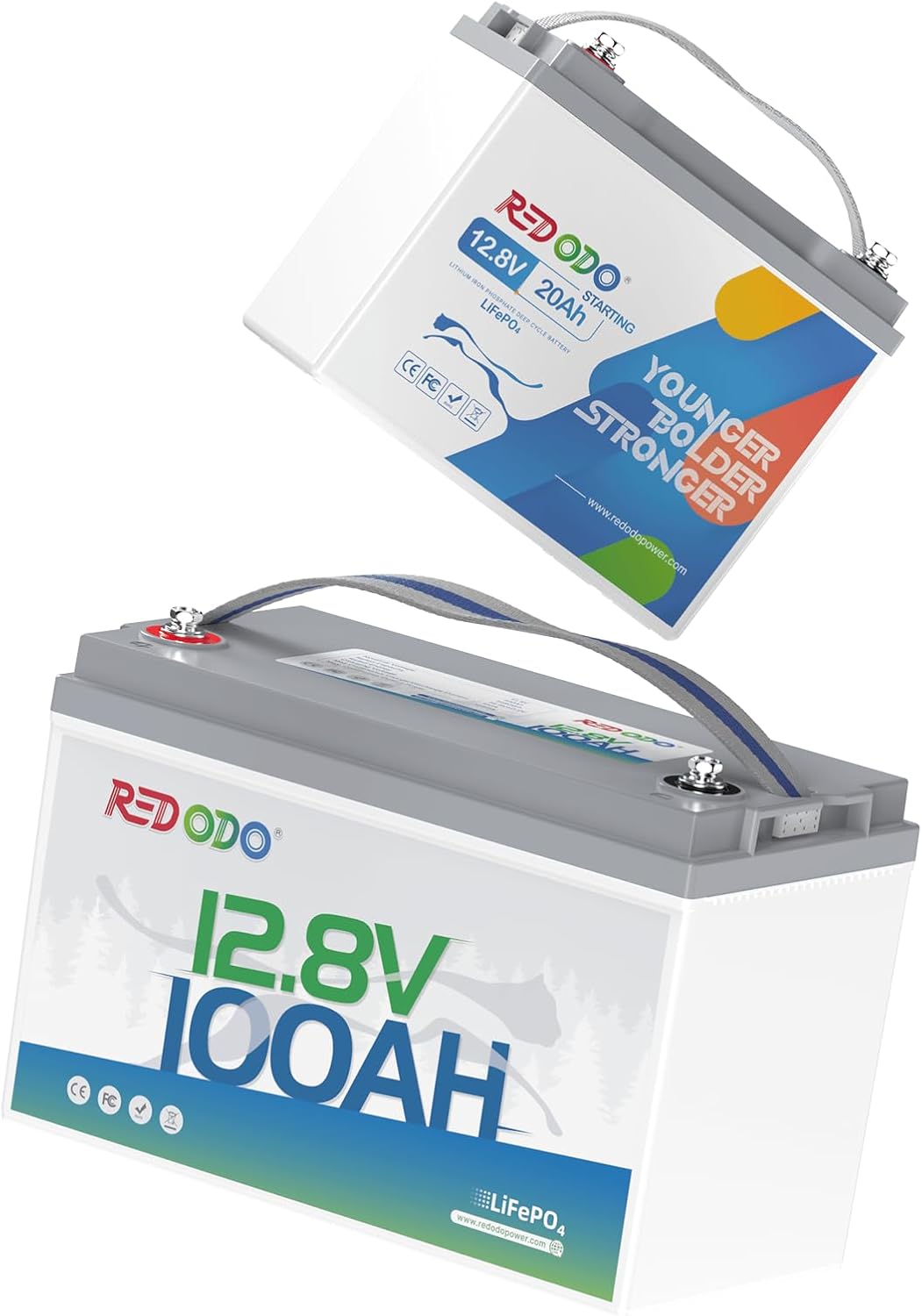 Redodo Two 12.8V Lithium Marine Batteries: 12V 100Ah Deep Cycle Battery and 20Ah Cranking for Outboard Motors, 800A CCA, 1280Wh for RV Solar Boat Energy Storage