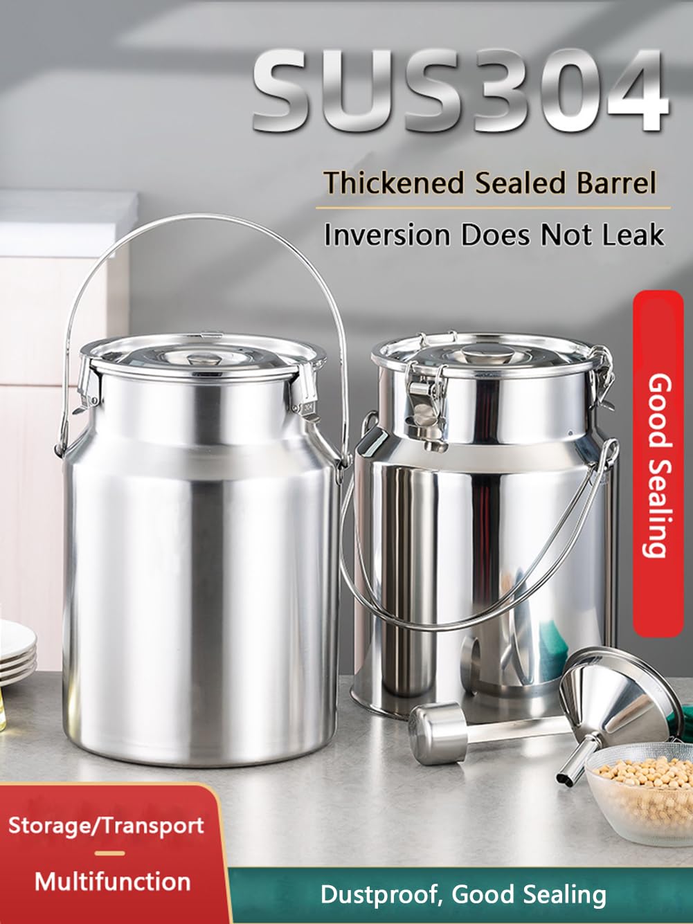 Lattiera in acciaio inox resistente con coperchio ermetico e maniglia, capacità 3-10 litri, colore argento. (10L)