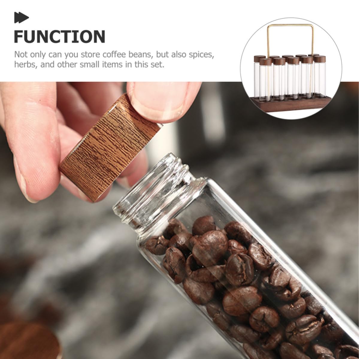 CANIGHT Kaffeebohnen Aufbewahrungsröhrchen Glas Satz mit Holzständer Luftdicht für Kaffeezubereitung und Küchenregal