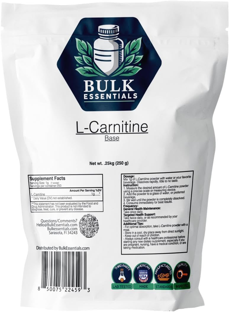 l Carnitine Supplement – Unflavored 250g Amino Acid for Metabolism & Endurance – USA Made Non GMO, Gluten-Free & Hypoallergenic lcarnitine – 1g Per Serving