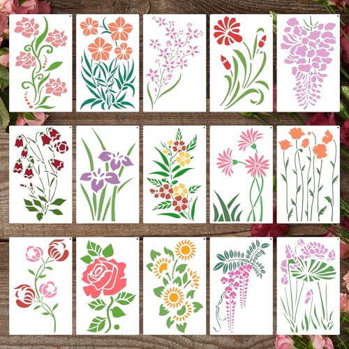 Dayker 15PCS Flower Stencils, Wildflower Leaf Painting Stencils
