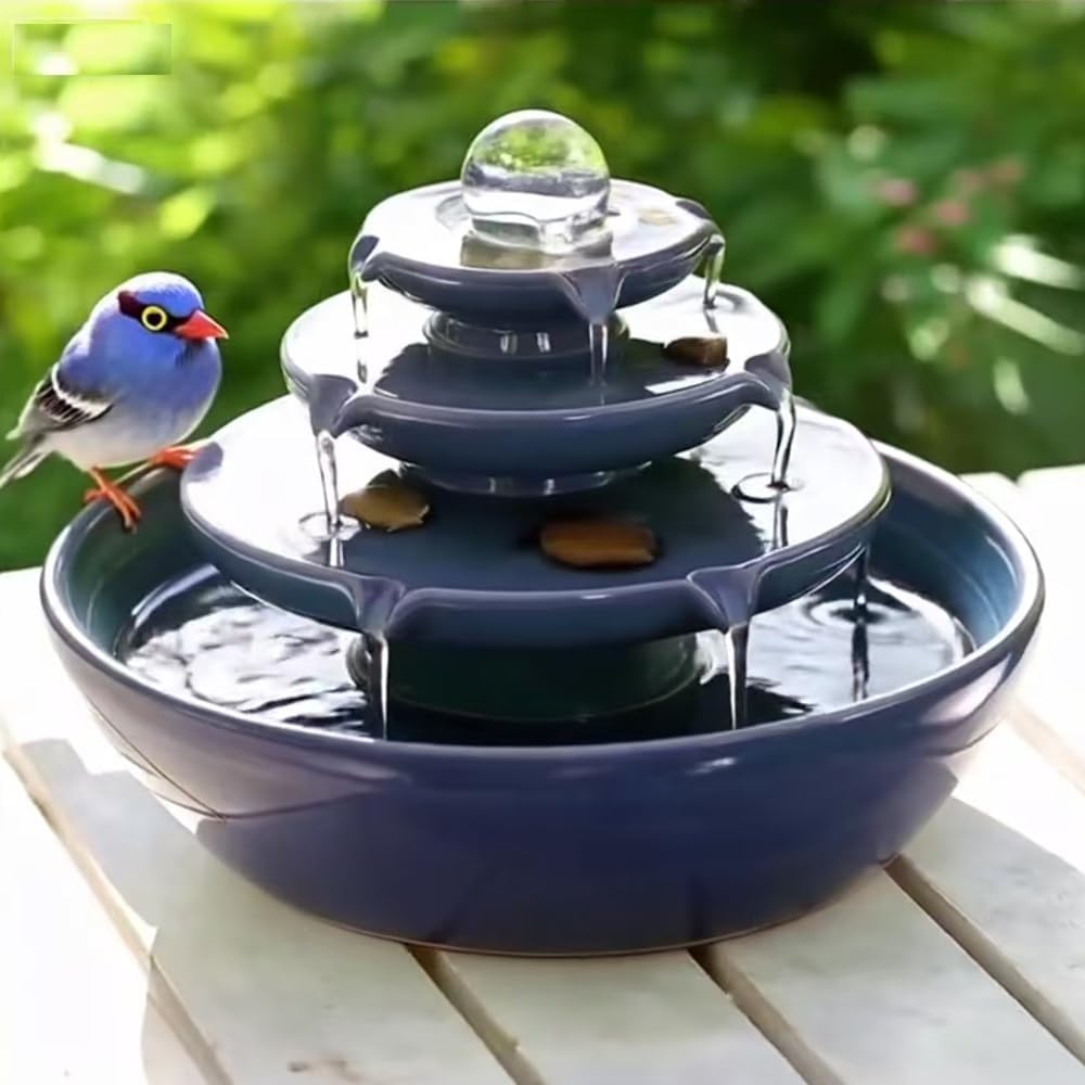Ceramic Tabletop Fountain with Ball for Indoor Table Desk Office Patio (Blue 2 A199)