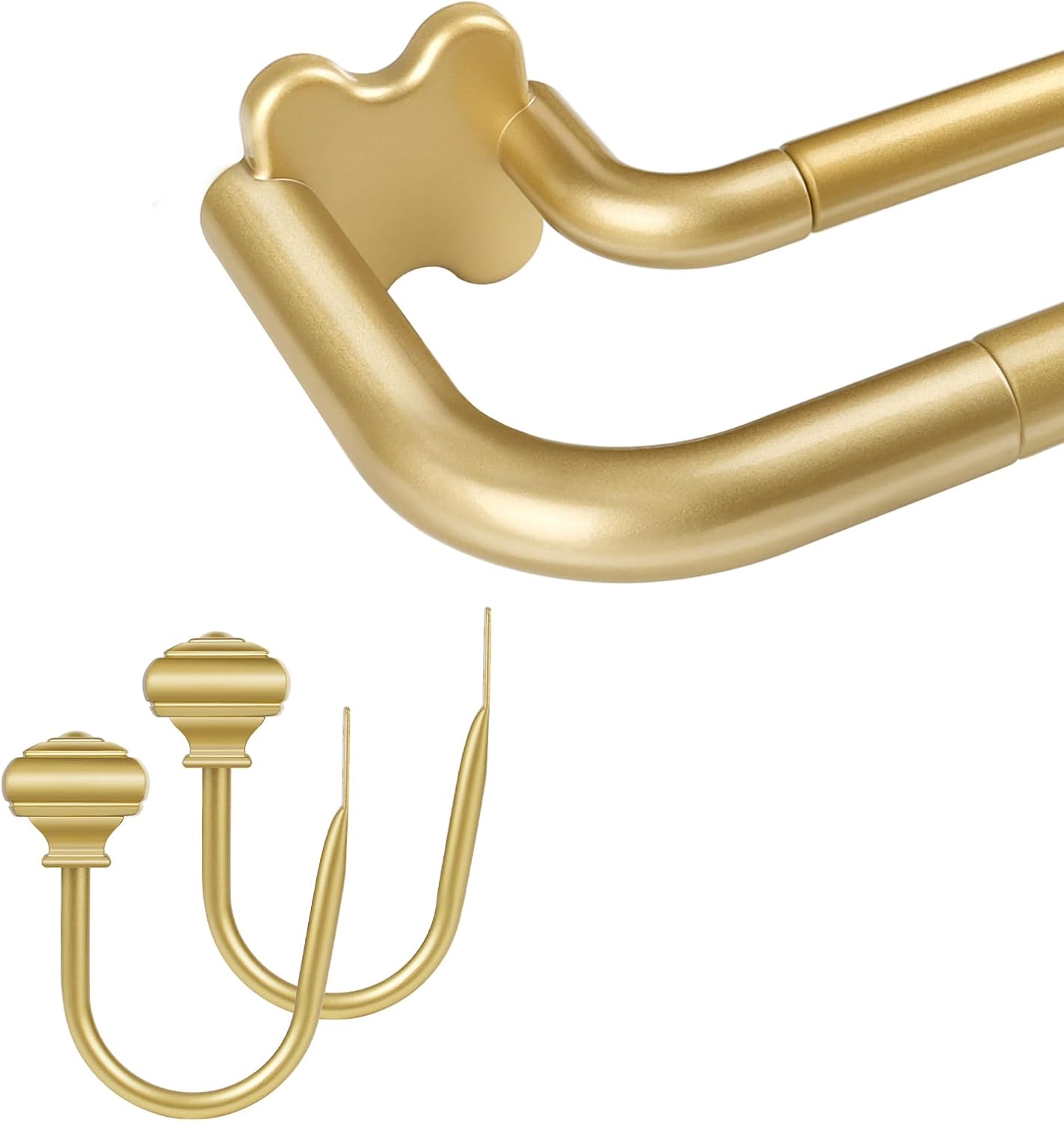 Gold Wrap Around Double Curtain Rods 32 to 86 and 2 Pack Gold Curtain Holdbacks with Square Finials(Bundles)