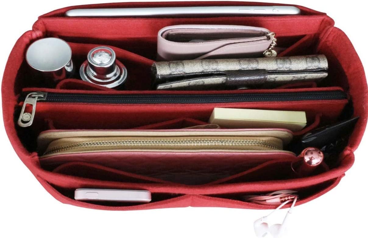 JEERA, Bag Organizer,Purse Organizer Insert,Tote Organizer,Bag in Bag,Cosmetic Makeup Handbag(with Detachable Middle Zipper Bag)Medium. (Red)
