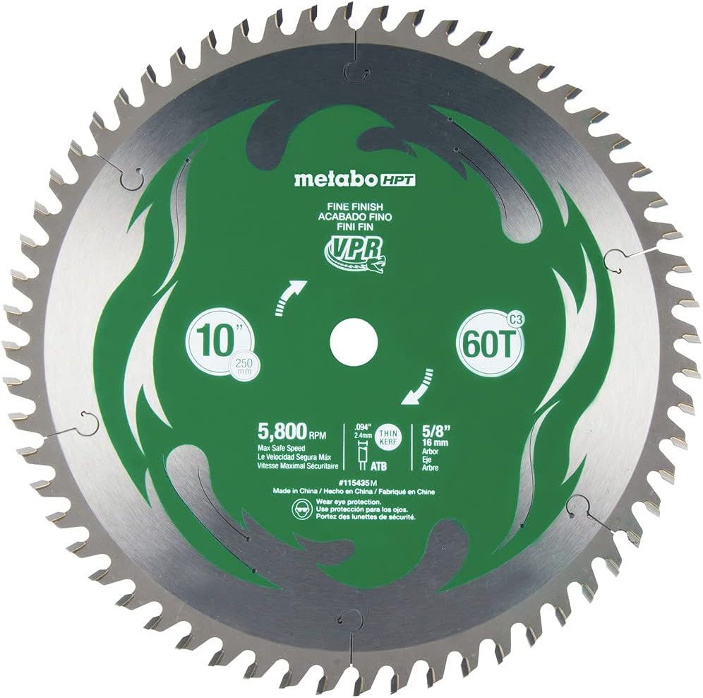 10-Inch Miter Saw/Table Saw Blade, 60T, Fine Finish, 5/8" Arbor, Large Micrograin Carbide Teeth, 5800 Max RPM, 115435M