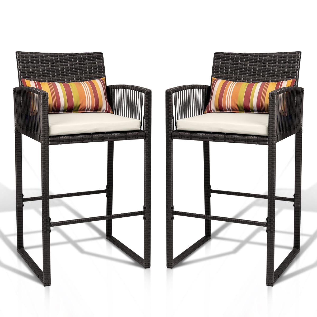 Sundale Outdoor Wicker Bar Stools, Patio Counter Height Charcoal Rattan Rope Stools with Back Rest, High Chair with Pillow & Beige Cushion, All-Weather Armless Tall Pub Barstool