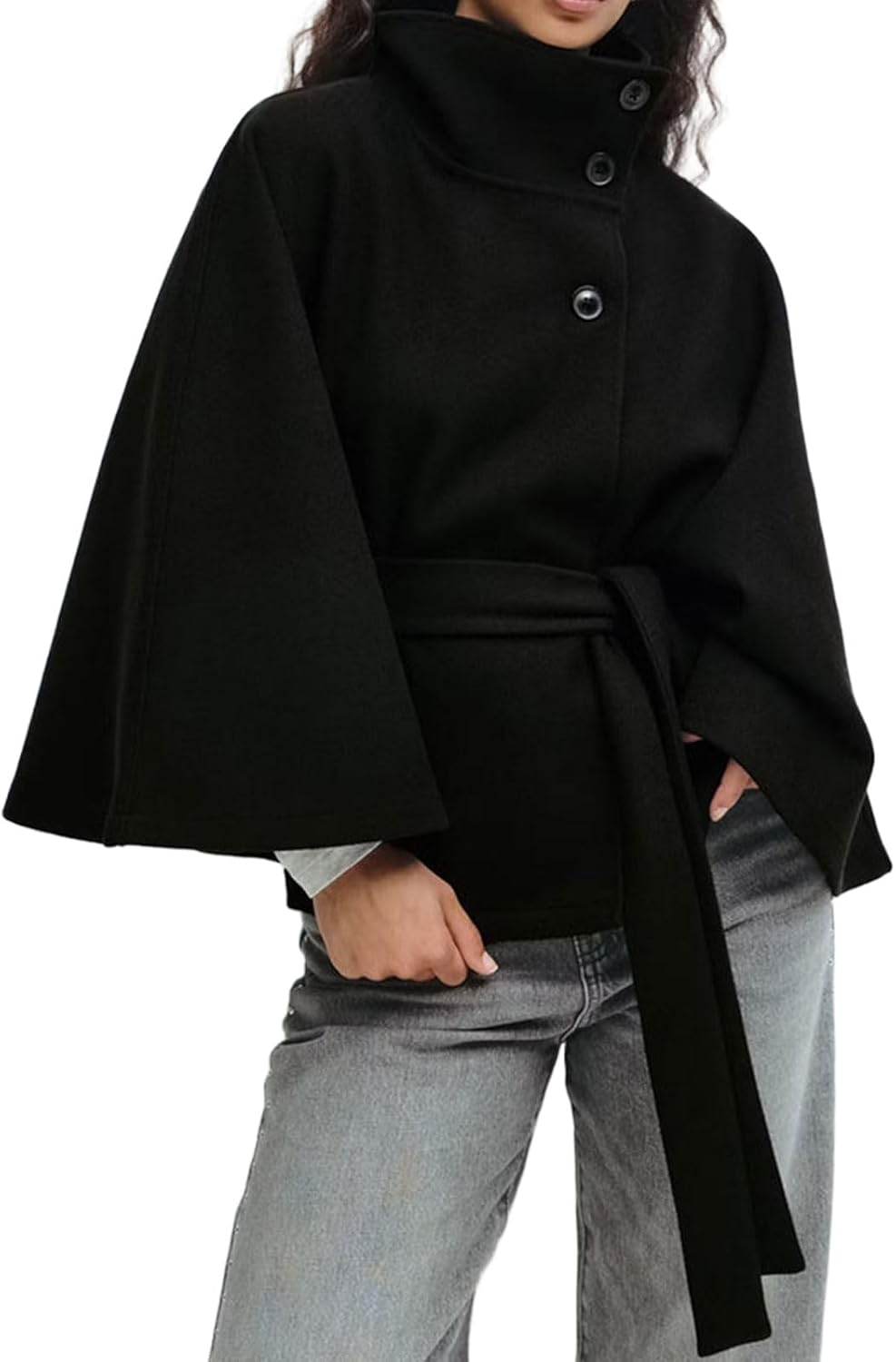 CHARTOU Women Batwing Sleeve Ponchos Pea Coat Wool Stand Collar Belt Capes Jacket Winter Cropped Overcoat