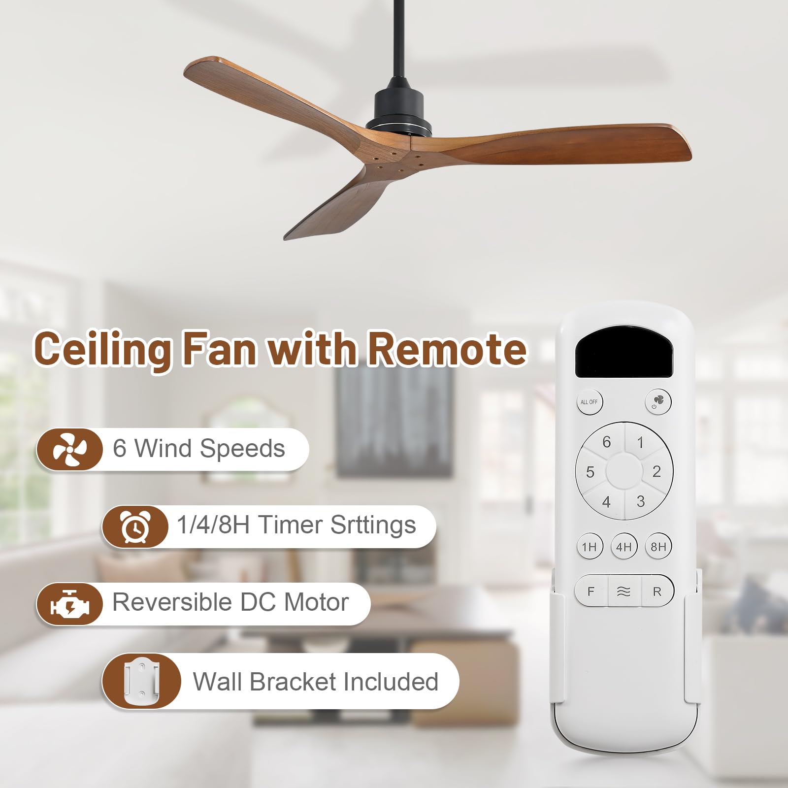 Sofucor Ceiling Fan without Lights, 52 Inch Low Profile Flush Mount Mordern Wood Ceiling Fan with Remote for Indoor Farmhouse Bedroom Living Room Outdoor Patio Porch, Reversible DC Motor, Noiseless