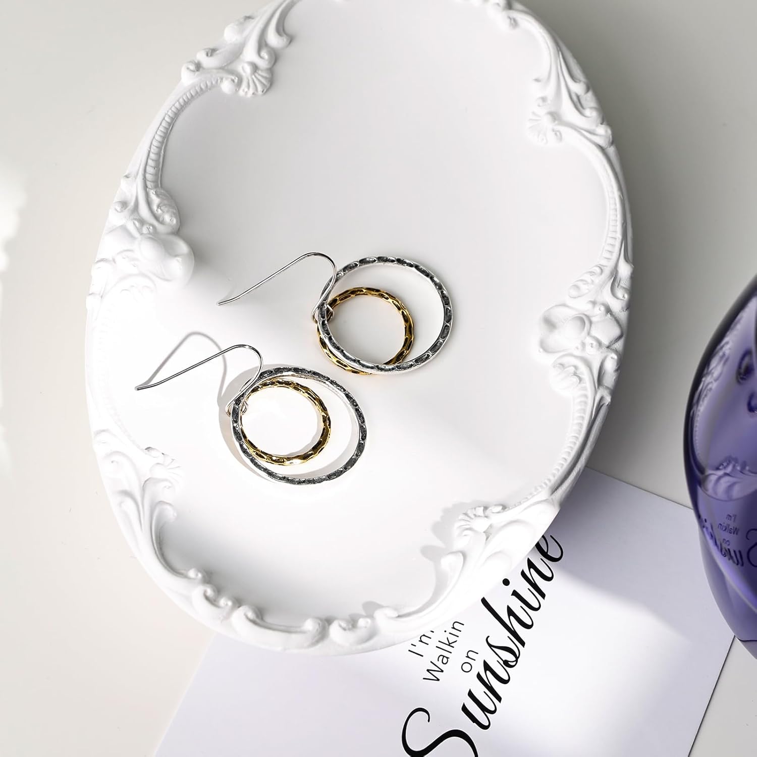 Gold and Silver Hammered Dangle Earrings Circular Two Tone Earrings for Women - Image 5