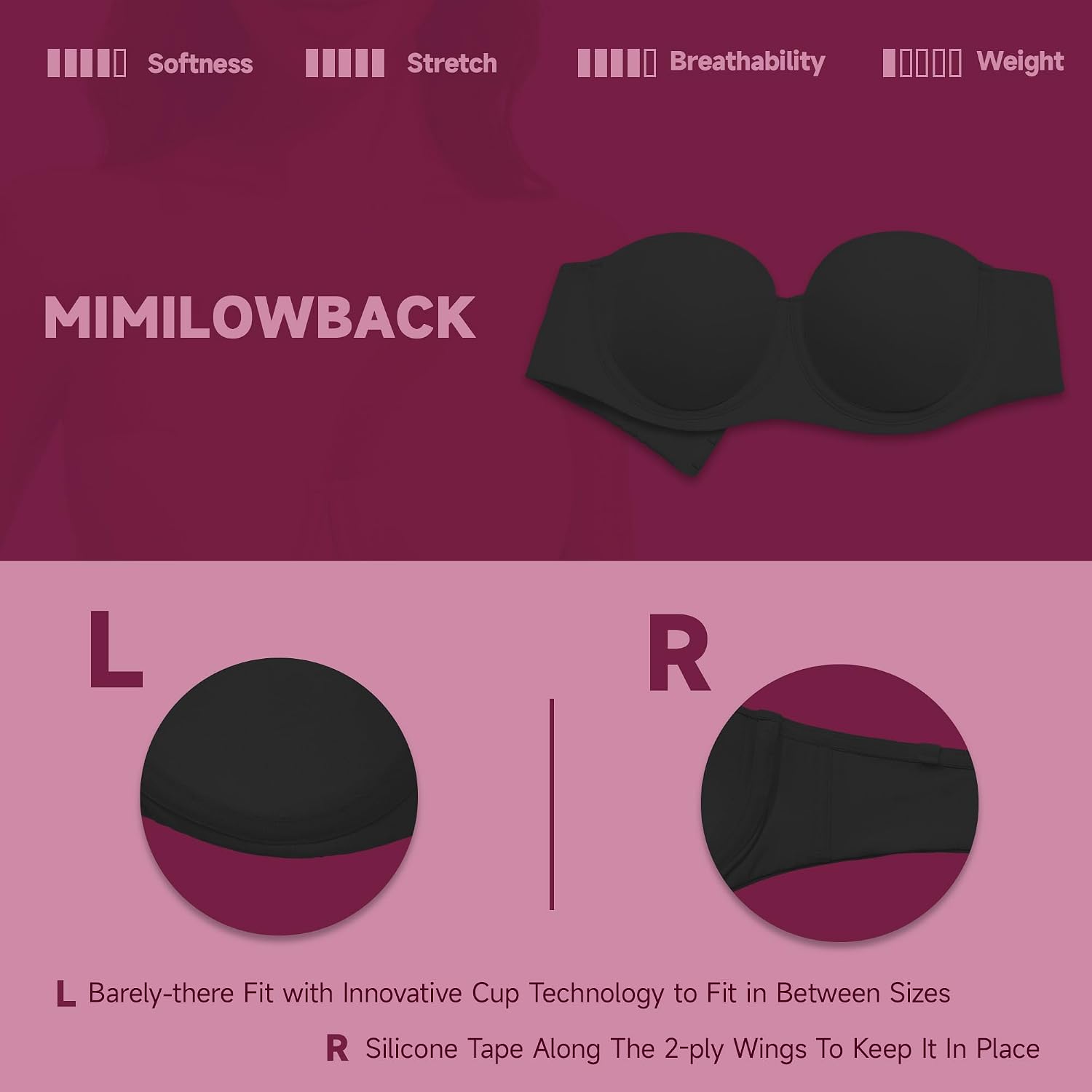 Women's Strapless Bra-Lightly Lined Non Slip Invisible Balconette Underwire Support Multiway Bandeau Bra for Comfort Lift