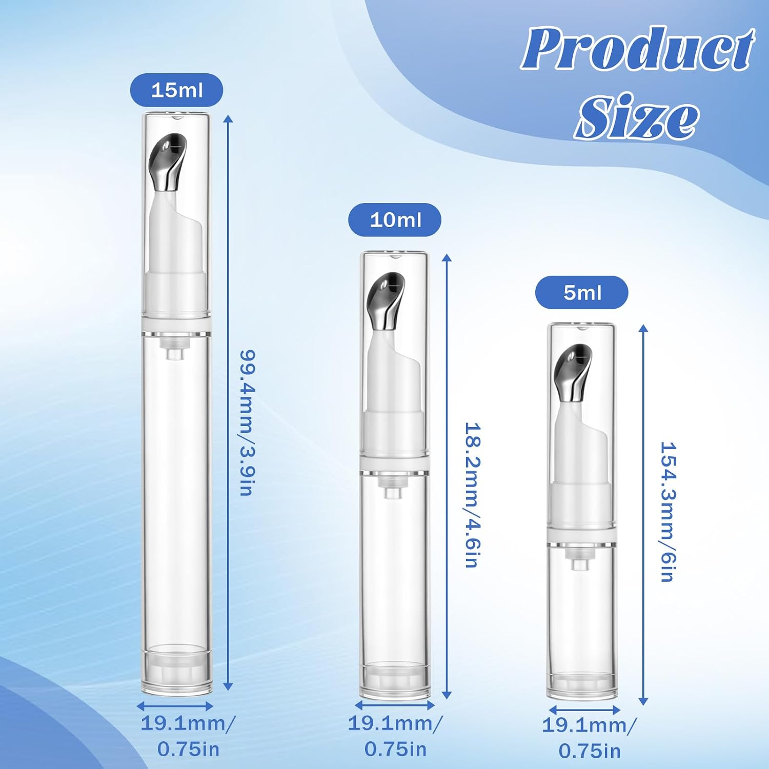 3 Pcs Flat Eye Cream Applicator, 5/10/15ml Eye Gel Cream Container, Airless Pump Empty Lip Gloss Tubes, Refillable Lip Balm Tube with Metal Massage Tip Head