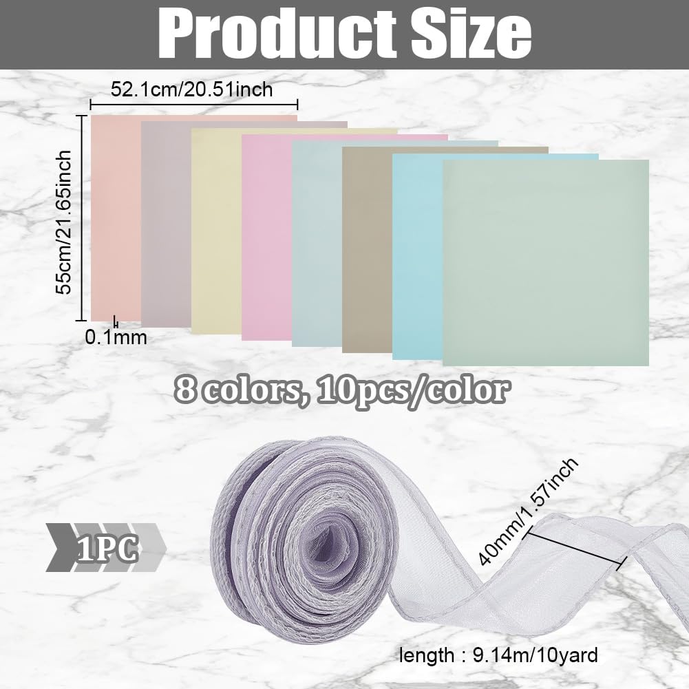 CUTHOLLOW 80 Sheets Cotton Flower Wrapper Lining Paper 20.51"x 21.65" with Ribbon(10yd) - 8 Colors Waterproof Non-Woven Bouquet Liner Floral Gift Packaging Paper for Holiday Birthday Christmas Home
