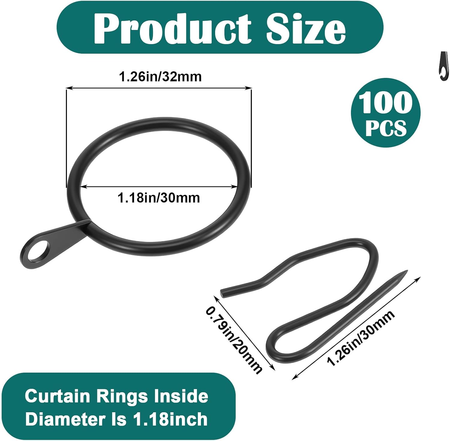 100 Pcs 1.26 Inch Metal Drapery Curtain Rings with Eyelets and 100 Pcs Pin Hooks Black Curtain Rings with Hooks for Shower, Window, Door Drapes Curtains
