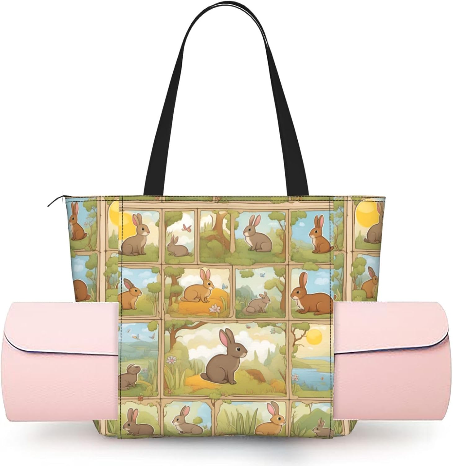 Women'S Cartoon Cute Animals Rabbit Print Yoga Bag, Shoulder Gym Bag With Yoga Mat Pocket For Travel Beach Workout