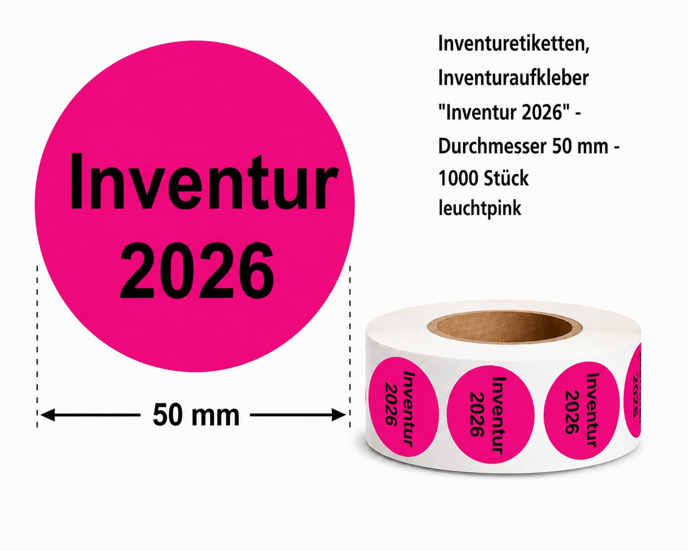 Inventure 2026 - Etichette per inventario, diametro 50 mm, 1000 pezzi (rosa chiaro)