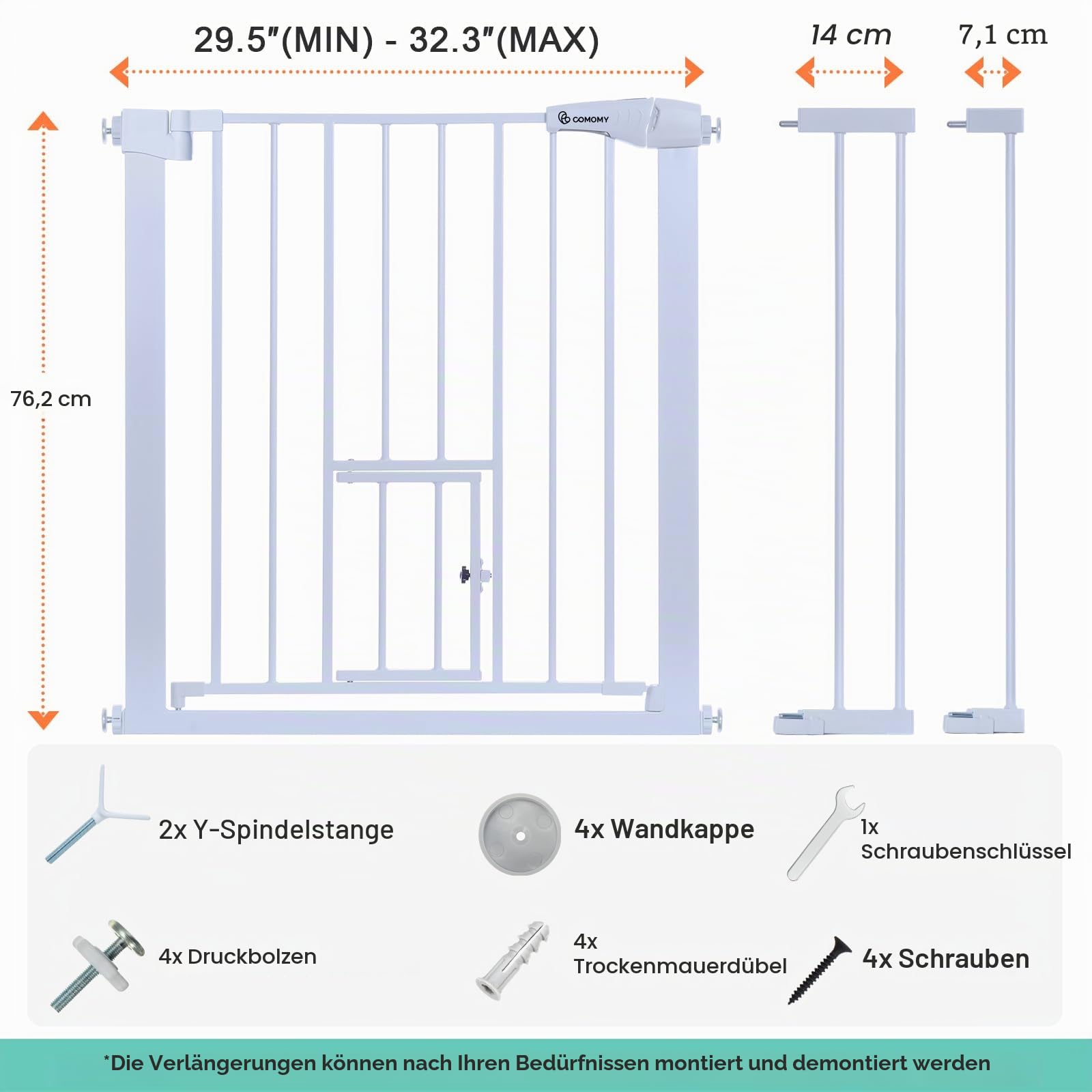 COMOMY Türschutzgitter mit Katzenklappe, 75-103cm Treppenschutzgitter ohne Bohren für Hunde und Katzen, Autoclose, Erweiterbar Türgitter Absperrgitter mit 7cm und 14cm Verlängerungen, Weiß