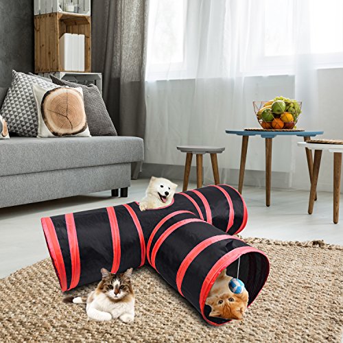 Creaker 3 Way Cat Tunnel, Collapsible Pet Toy Tunnel With Ball For Cat, Puppy, Kitty, Kitten, Rabbit (Red) #TOP5