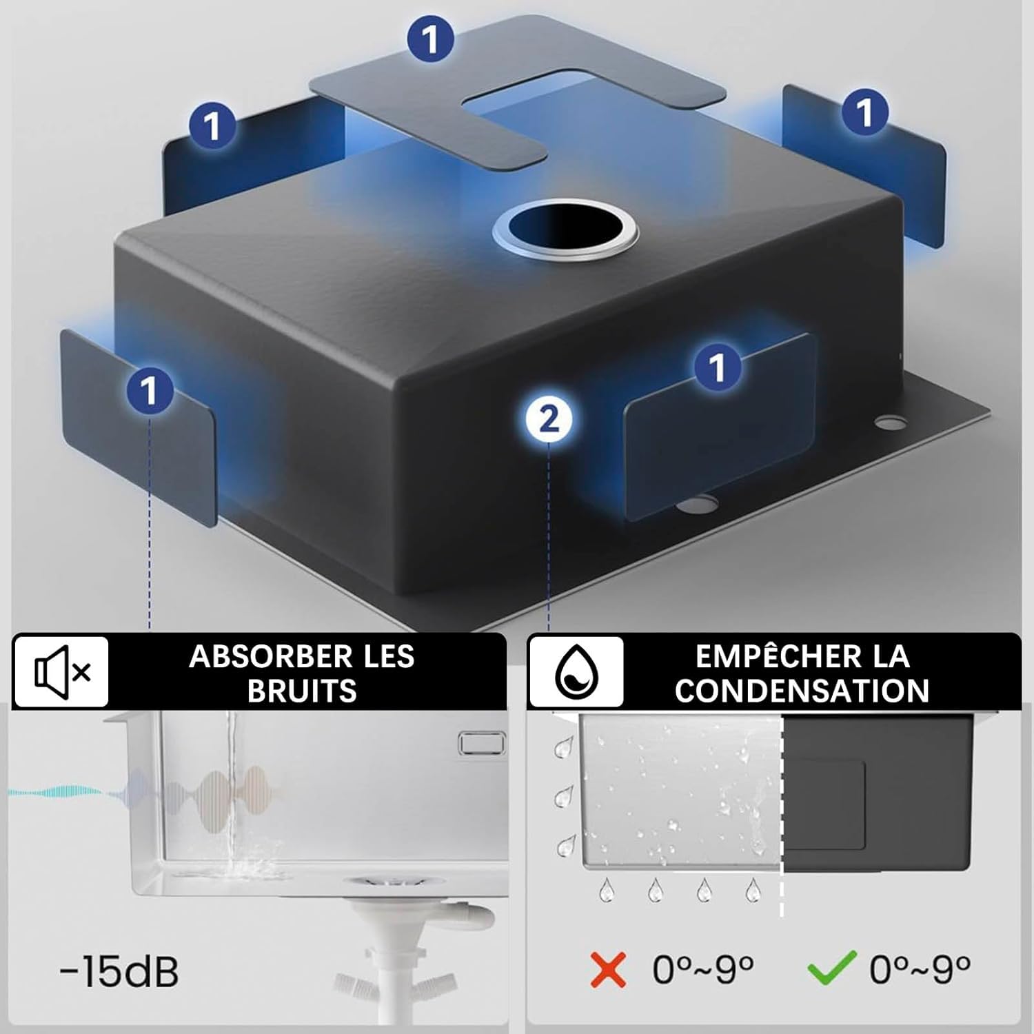 Evier de Cuisine Brossé 1 Bac 60x45 CM, avec Robinet Extensible, Distributeur de Savon et Lave-gobelet, Kit de Plomberie Complet
