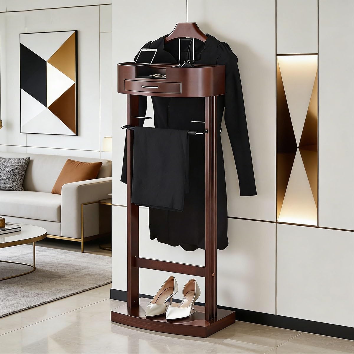 Wood Suit Rack Wood Men Valet Stand Vintage Birch Freestanding Clothing Valet Stand for Suits Pants Ties(Brown)