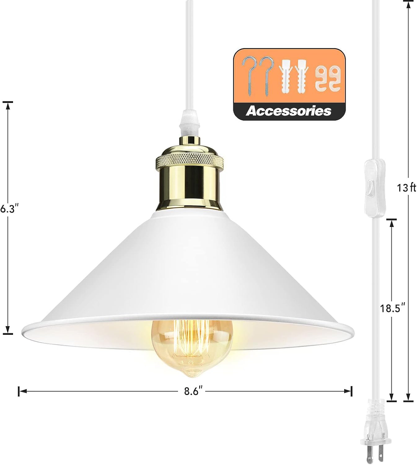 LYOOWNG Plug in Pendant Light, Industrial Hanging Light with Plug in Cord On/Off Switch, Modern Pendant Light with Plug in Cord, Farmhouse Pendant Light Fixture, White