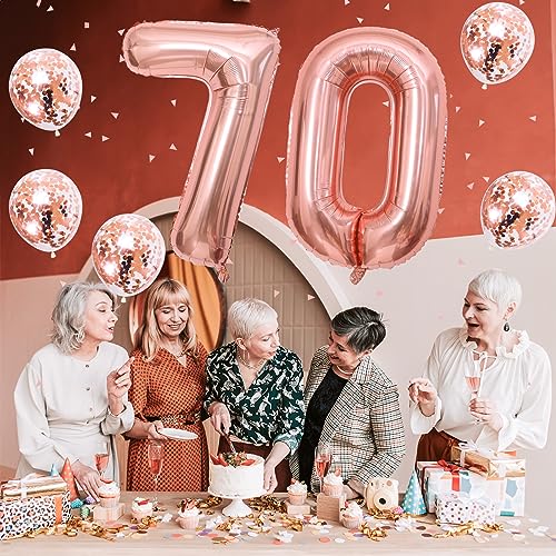 Image of 70th Birthday Number Balloons for Women, Large 70 Number Balloons Foil with Confetti Balloons, Rose Gold 40 Inch Self Inflating Balloons for Girls 7th Birthday Party Anniversary Decorations Supplies