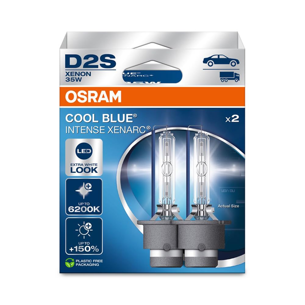 OSRAM Xenarc® Cool Blue® Intense D2S, +150% More Brightness, up to 6,200 K, Xenon Headlight Bulb, LED Look, Hanging Box (2 Lamps)