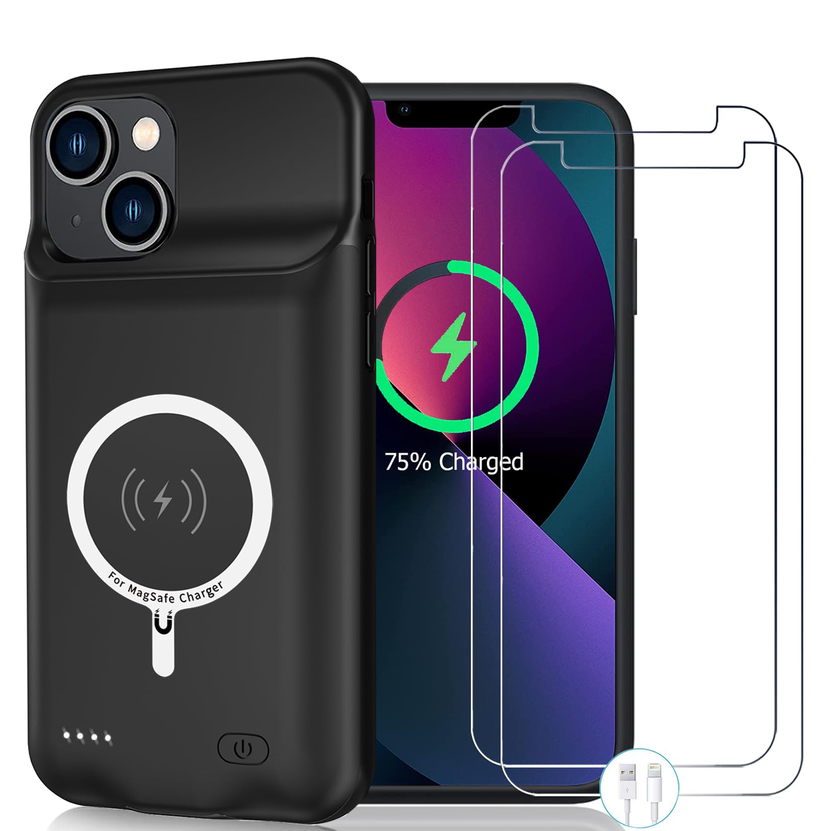 Wireless Charging Case for iPhone 13, 10000mAh High Capacity Portable Rechargeable Protective Battery Case Wireless Charging Compatible with iPhone 13 (6.1 inch) Extended Battery Charger Case (Black)