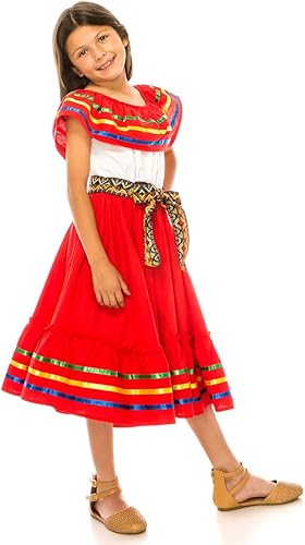 Miniatura 3 de Vestido folclórico mexicano para niñas Disfraz tradicional de fiesta estilo Jalisco con ribete colorido de cinta y banda bordada