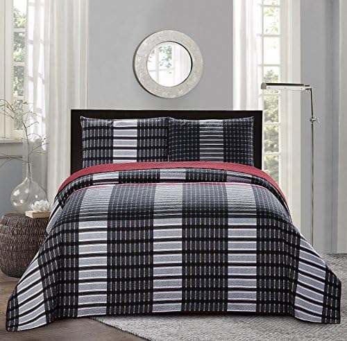 All American Collection New 2pc Plaid Printed Reversible Bedspread/Quilt Set (Twin Size)