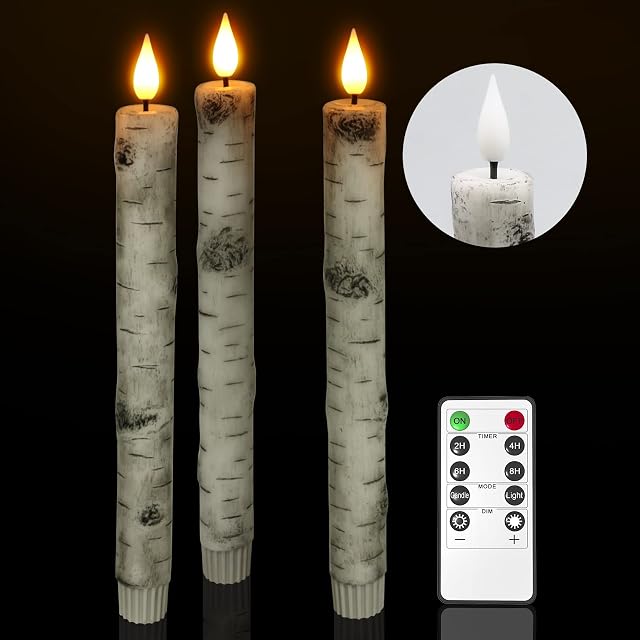 Birch Bark LED Taper Candles, PChero 3pcs Real Wax Flameless Flickering Window Candles with Remote Timer Battery Operated Rustic Dripless Candlesticks for Xmas Halloween Party Decoration  Warm White