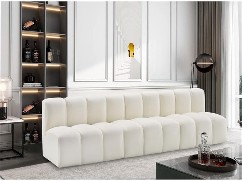 BOWERY HILL Contemporary Modular Sectional, 89.5" W x 31" D x 30" H, Cream Vegan Leather Upholstery, Deep Channel Tufting, Attachment Latch, Modern Sofa for Living Room, Bedroom, or Home Office