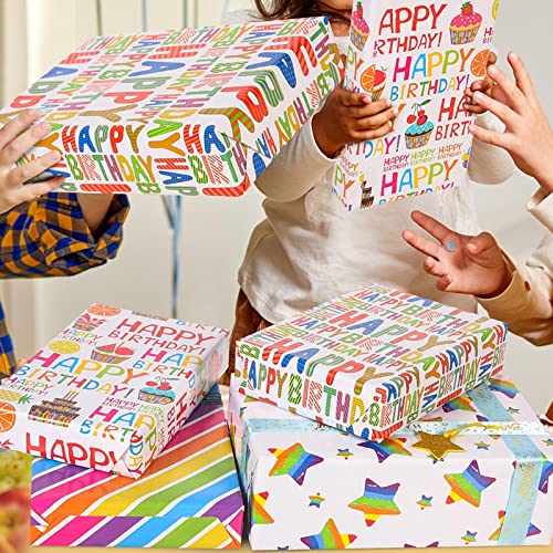Thmort Birthday Wrapping Paper For Kids, Boys&Girls, Adults. Gift Wrapping Paper With Colorful Happy Birthday Font Print, Star, Rainbow Stripe Lines,4 Bright And Shine Designs For Baby Shower, Holiday, Party. Pack Of 12 Sheets 20 X 29 Inch #TOP4