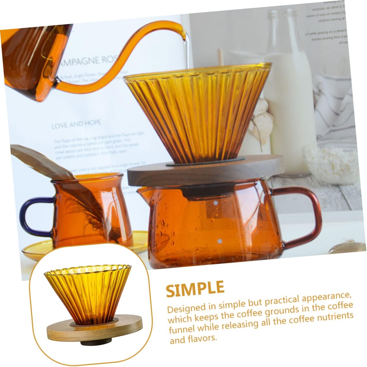 Pour-over Coffee Funnel Durable High Borosilicate Glass Dripper with Coffee Striped Filter and Base Easy to Clean for Manual Brewing for Lovers