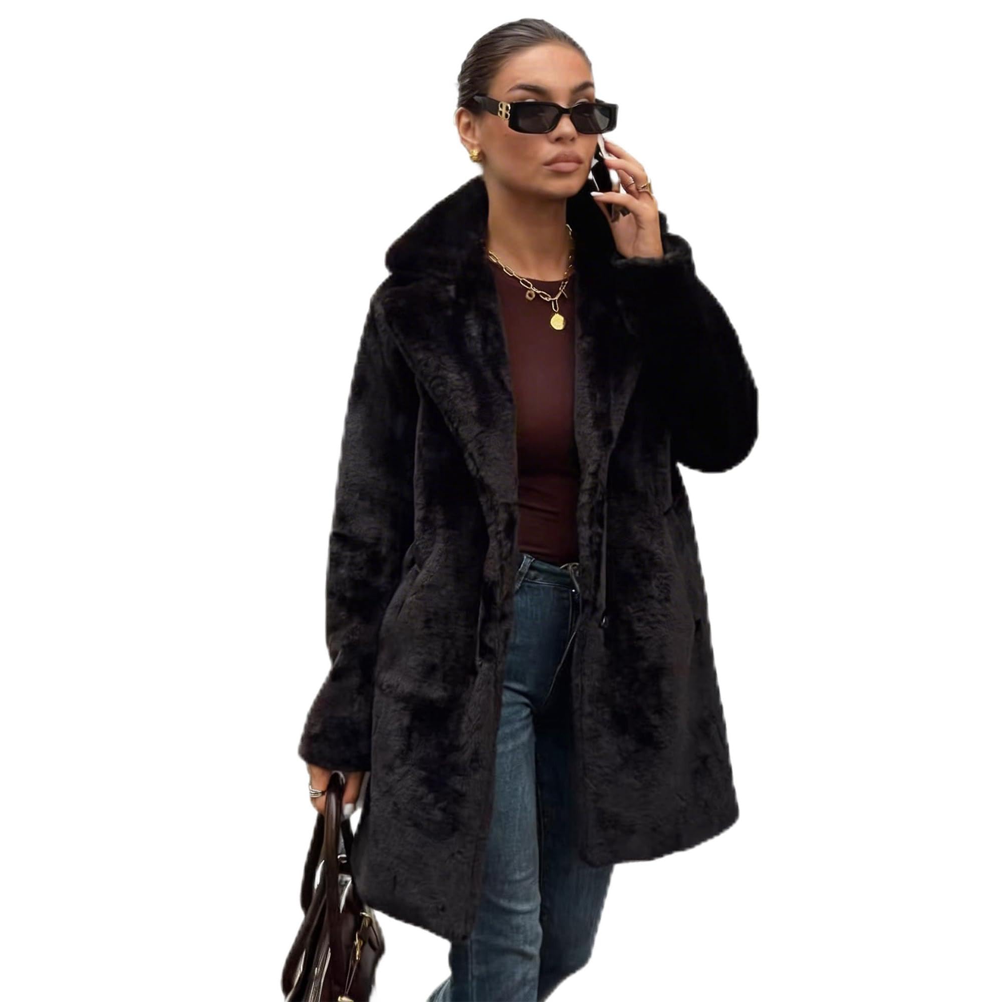 Outta Box Women's Black ’S Faux Fur Coat, Mid Length Button Up Jacket With Lapel Collar, Warm Elegant Winter Coat For Casual Wear Christmas New Year (Uk, Alpha, S, Regular, Regular, )