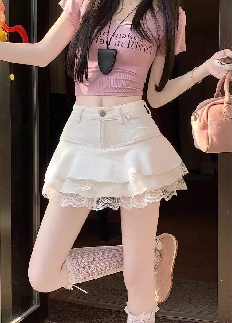 Y2K High Waist Denim Lace Mini Skirt for Women – Harajuku A-Line Ruffle Skater Skirt Kawaii Fairycore Style - Image 2
