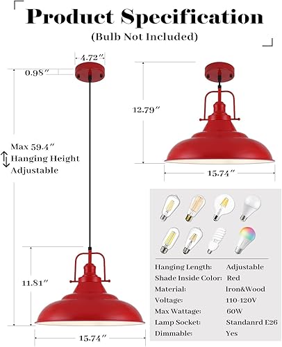 Miniatura 3 de Lámpara colgante roja para isla de cocina, luces colgantes industriales grandes de 16 pulgadas, luces colgantes rojas mate, lámpara colgante vintage
