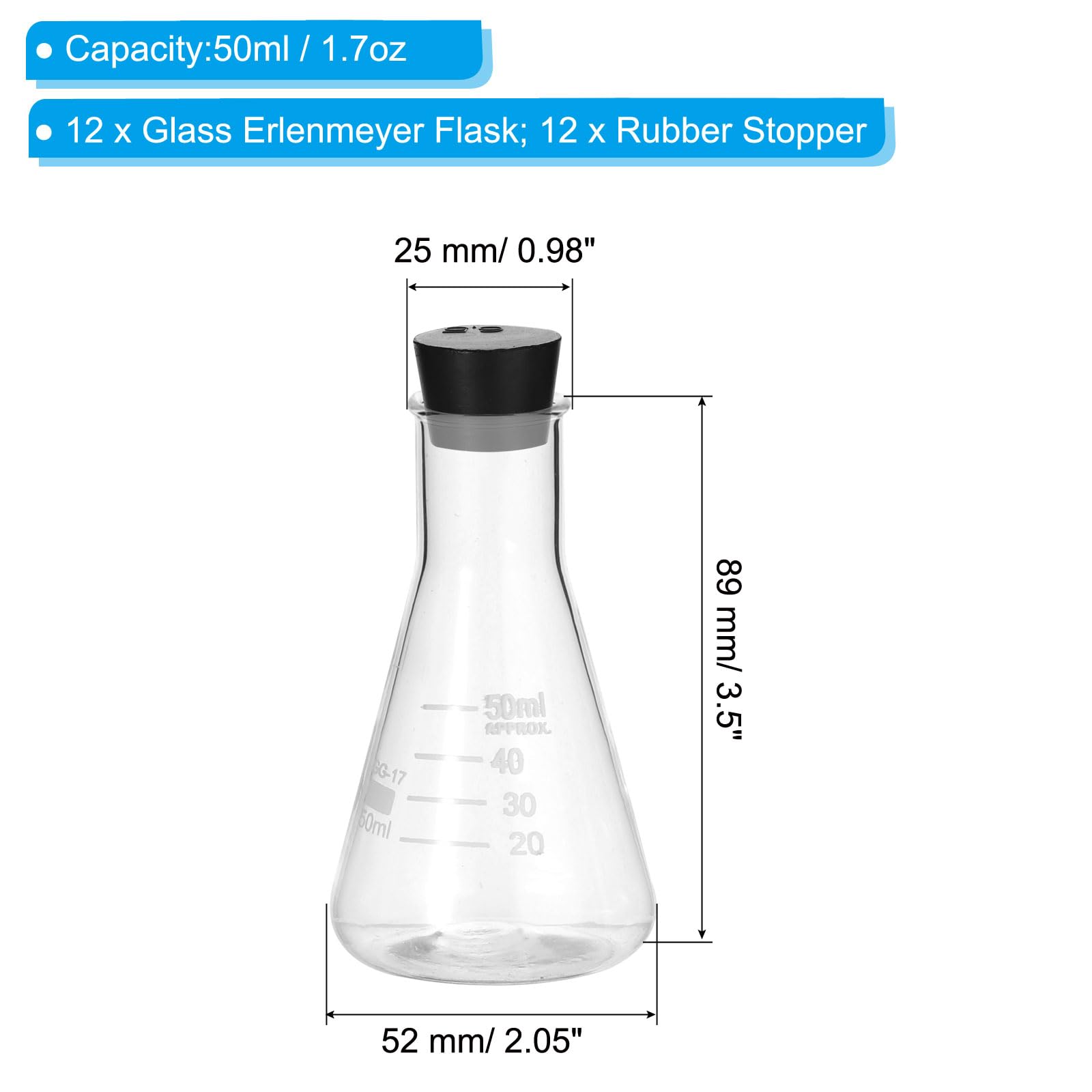 PATIKIL Matraccio Erlenmeyer, 12 Pezzi 50ml 1.7oz Bocca Stretta Matracci Graduati Con Tappo In Gomma Matracci In Vetro Borosilicato Con misura Stampata Per Esperimenti Di Chimica Studio
