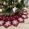 60 Inch Wavy Edged Reversible Knit Christmas Tree Skirt Burgundy White Snowflake Pattern with Lace Ties