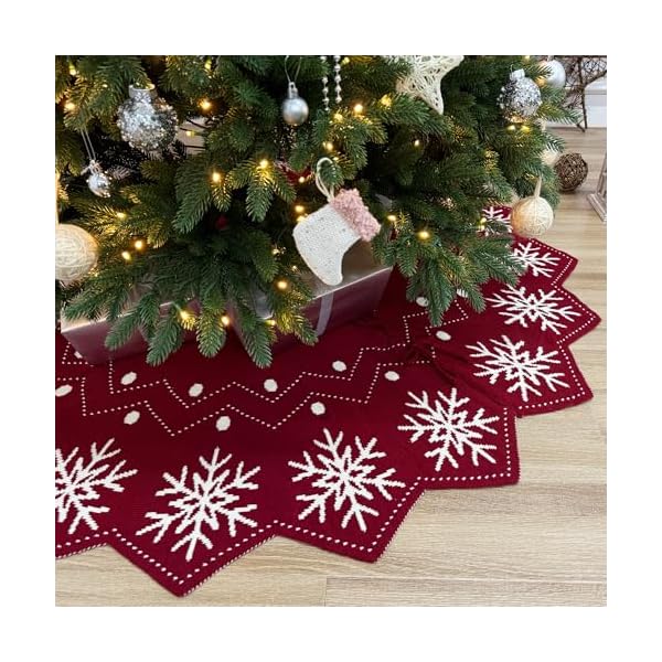 60 inch wavy edged reversible knit christmas tree skirt burgundy white snowflake pattern with lace ties  urban country home decor