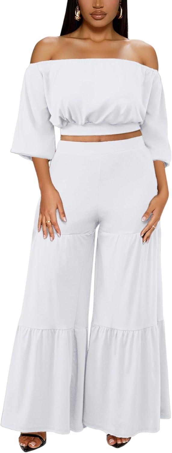 Two Piece Sets for Women Dressy Off Shoulder Crop Tops and Wide Leg Ruffle Pant Set Sexy Outfits - Image 2