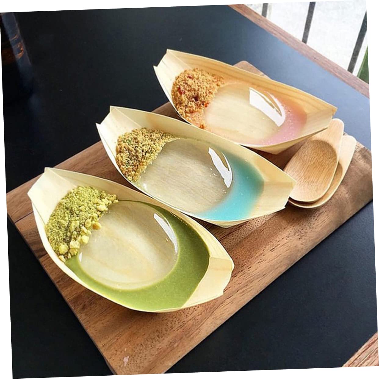 KOMBIUDA 50 Pack Wooden Serving Boats Natural Birch Disposable Snack Trays for Events Picnics and Celebrations