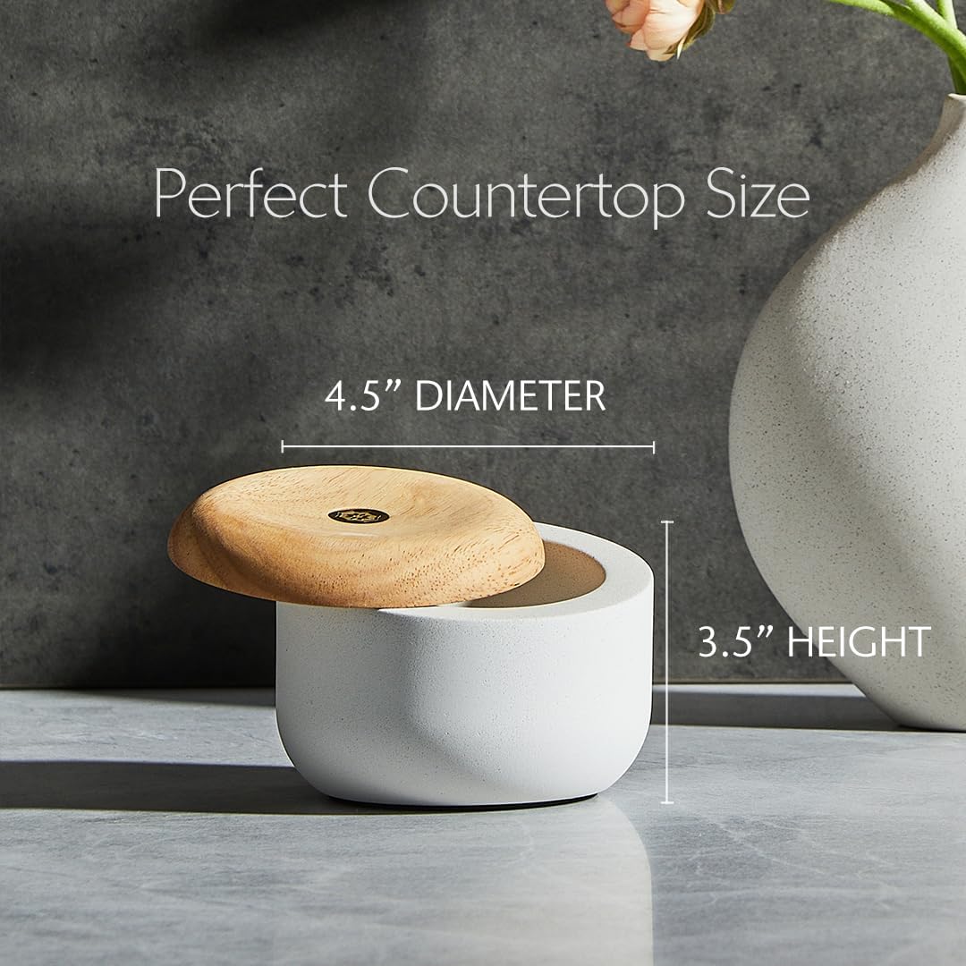 Evermill Salt Cellar (Salt Well) – Premium Marble or Concrete Container with Wooden Lid – Easy Access Kitchen Salt Box with Magnetic Swivel Lid – Includes Sea Salt (Marble with Walnut)