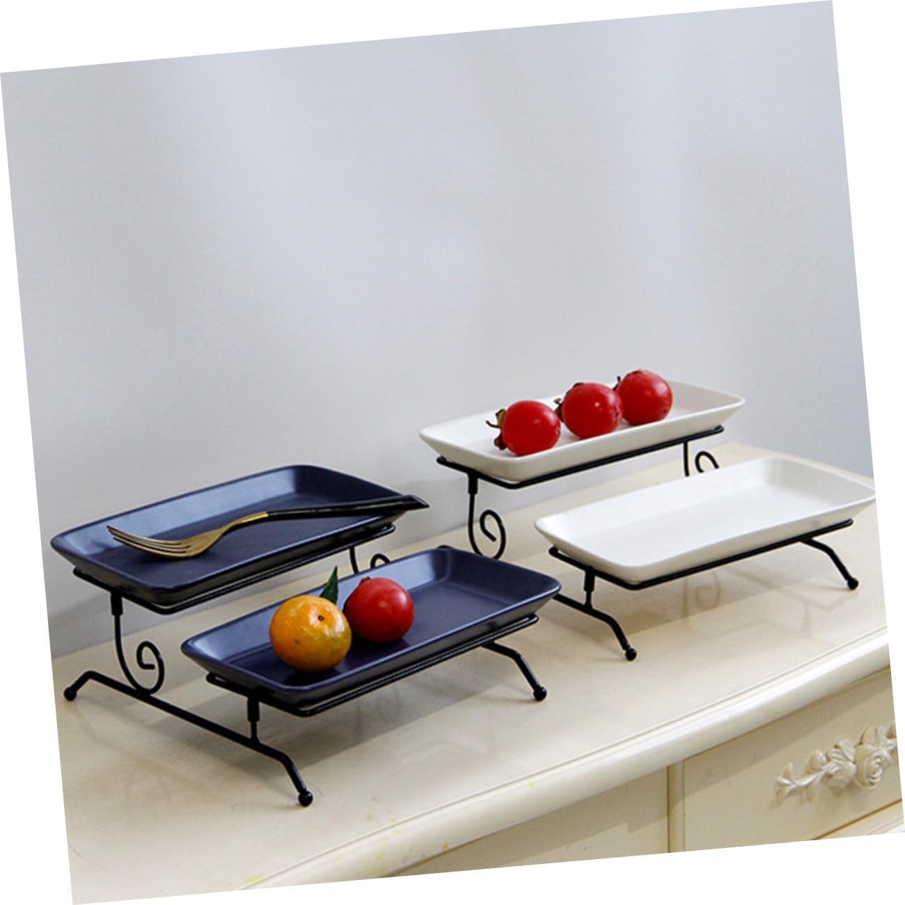 Detachable Cake Tray Set with Ceramic and Iron Blue Tiered Stand
