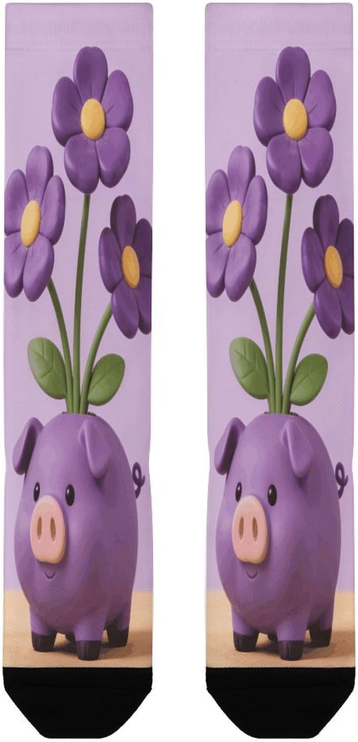 Purple Piggy Flowers Compression Socks for Men Women | Funny Novelty Knee High Socks, Breathable Cozy Soft Football Sock, Over The Calf Socks for Casual Work Athletic Sock & Gifts