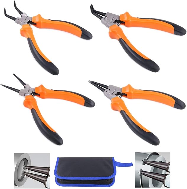 Glarks 4Pcs 7-Inch Snap Ring Pliers Set Heavy Duty Internal/External Circlip Pliers Kit with Straight/Bent Jaw for Ring Remover Retaining, with Leather Bag
