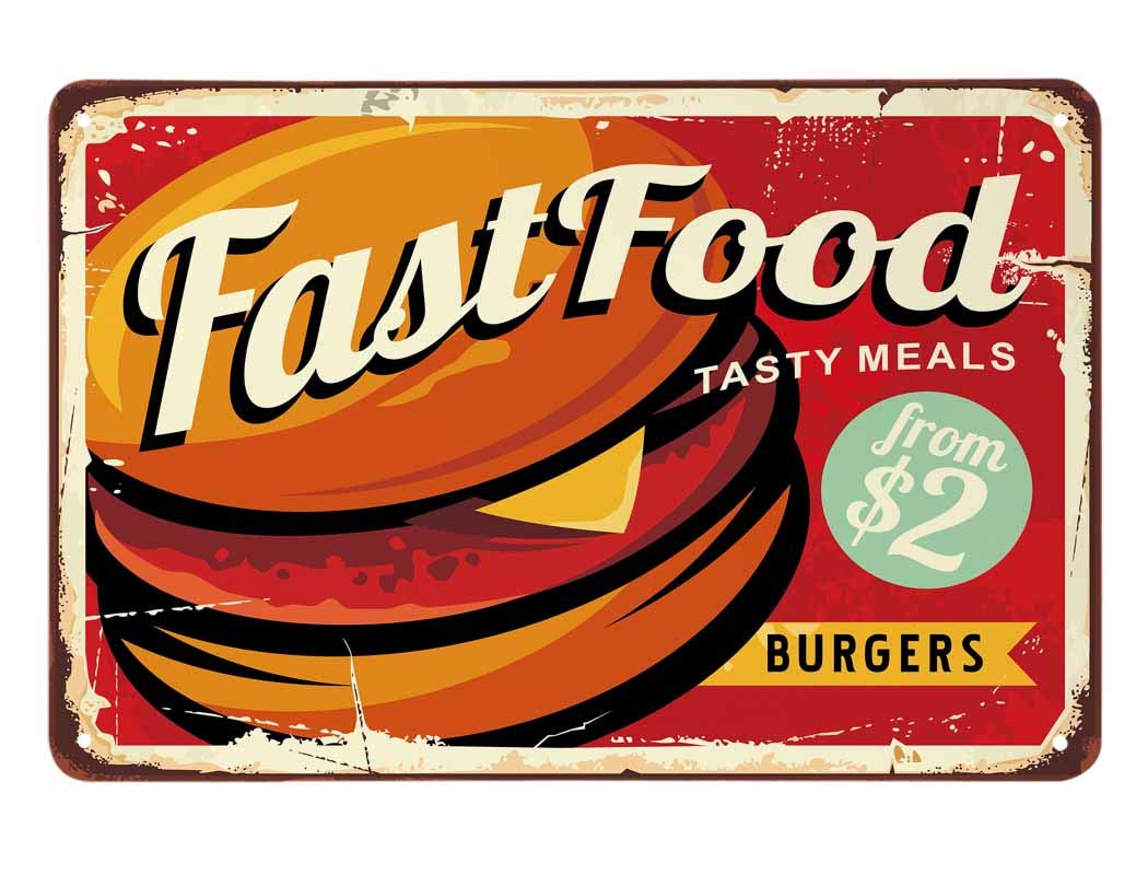 SMAZDFXX Fast Food Tin Sign,Burger Meat Delicious Vintage Metal Tin Signs for Cafes Bars Pubs Shop Wall Decorative Funny Retro Signs for Men Women 8"x12"