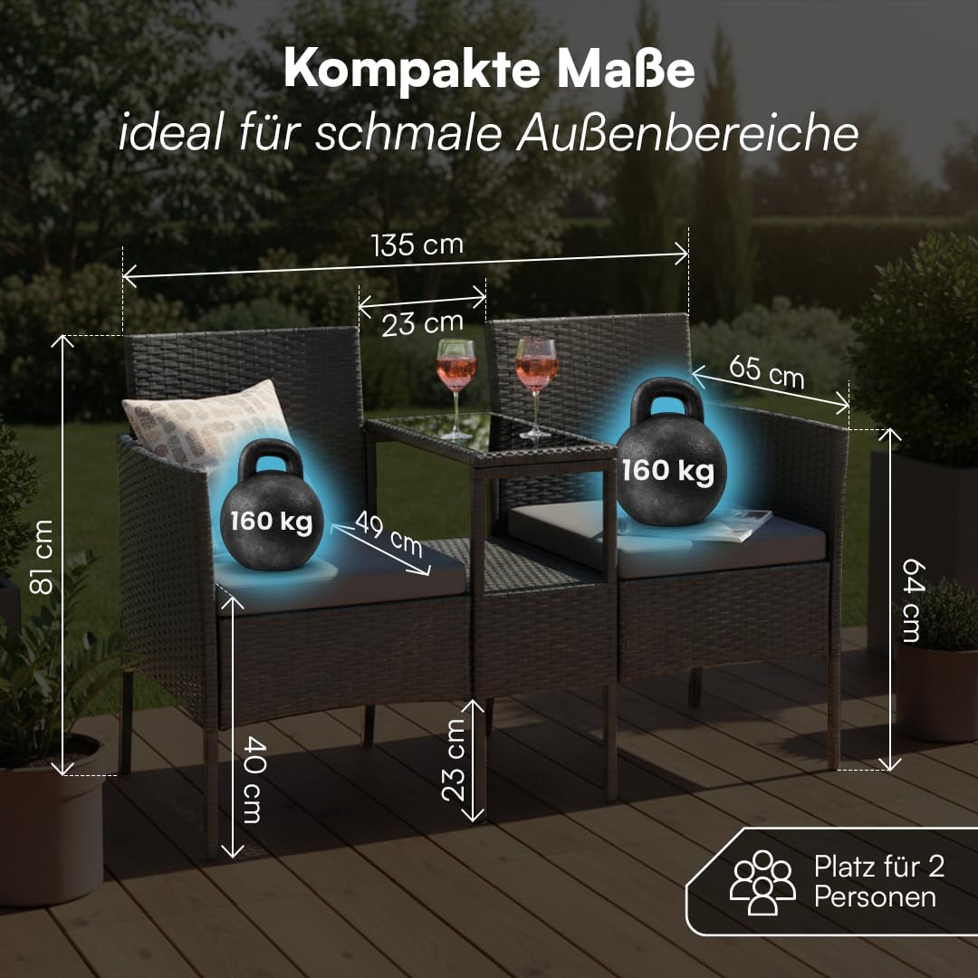 STEELSØN Velara Gartenbank mit integrierten Tisch – Rattan 2er Sitzbank Schwarz inkl. Kissen – Balkonmöbel wetterfest – Terrassen Sitzgruppe bis 320kg – Balkonbank Glas Ablage – Gartensofa