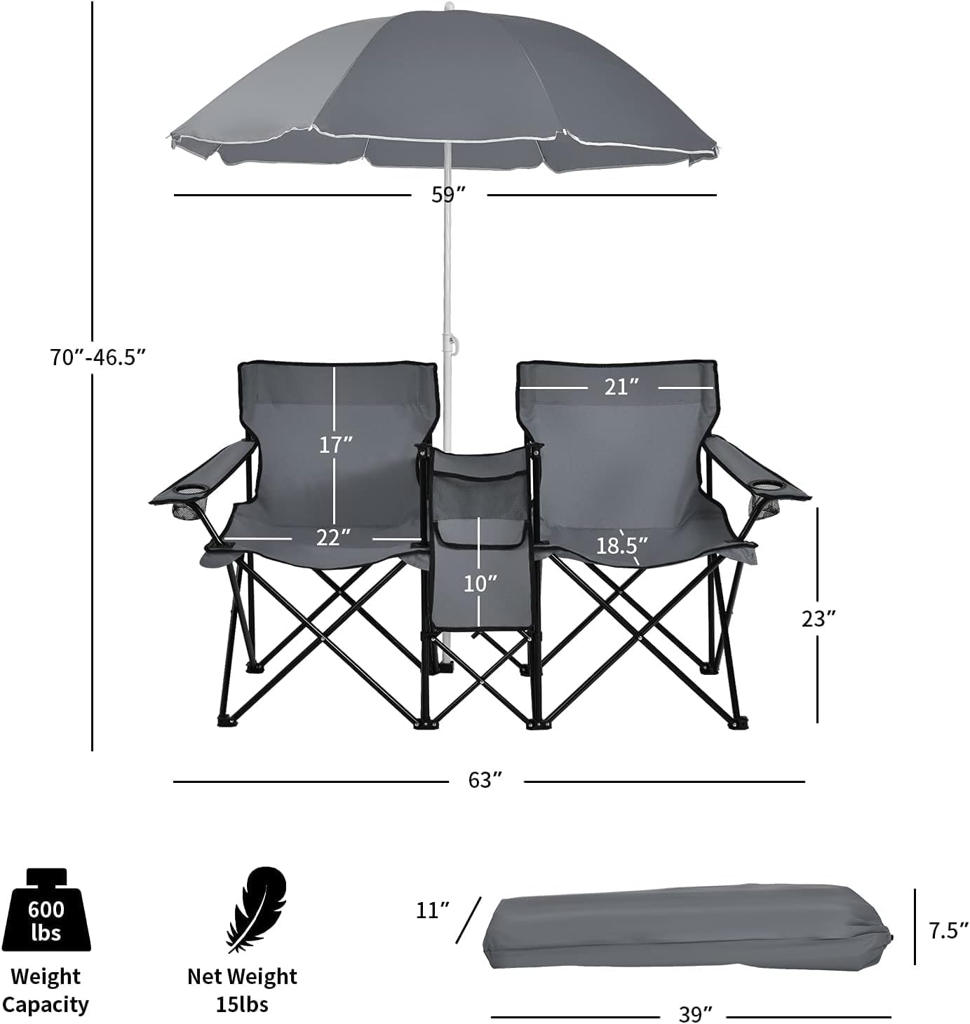 Tangkula Double Camping Chairs with Umbrella, Portable 2 Seat Folding Camp Chair with Cooler Bag, Beverage Holder, Carrying Bag, Foldable Lawn Chair for Outside, Fishing, Picnic, Beach