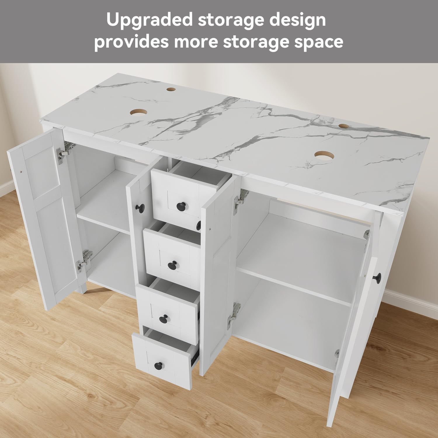 48" Bathroom Vanity with Sink, White Modern Freestanding Bathroom Vanity Cabinet with Marble Texture Top and 4 Drawers, Two Boat Ceramic Vessel Sinks